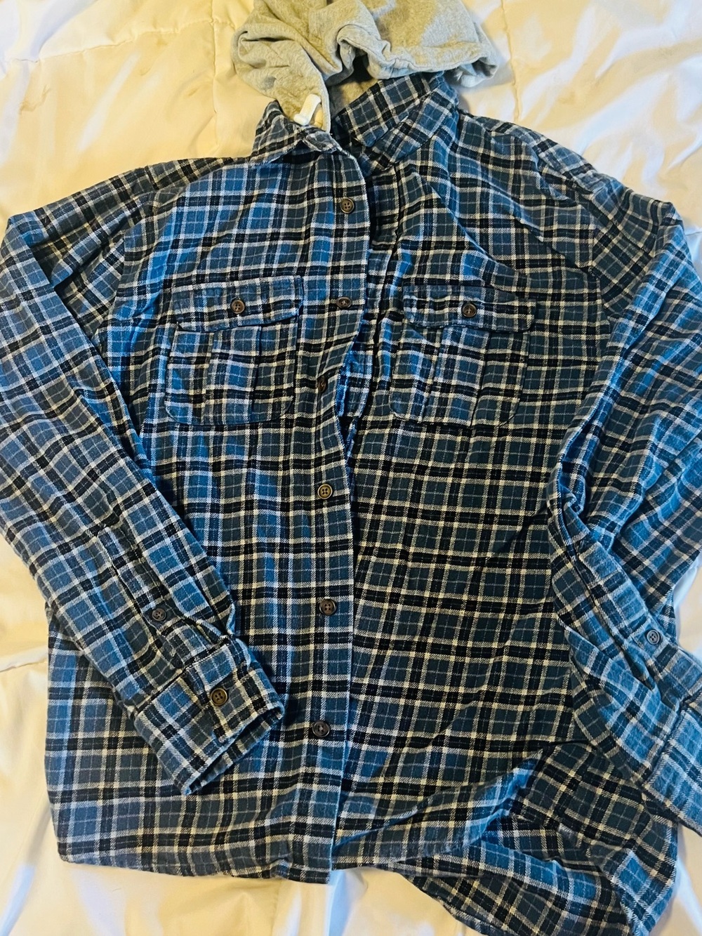 Cotton-On Blue Plaid Hooded Flannel Shirt